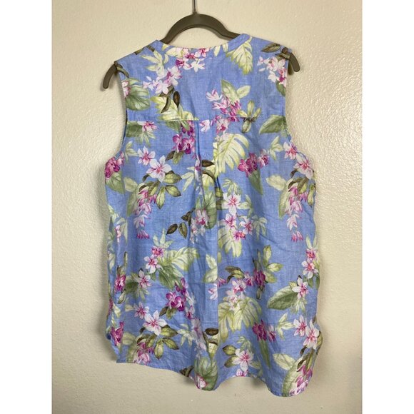 Tommy Bahama Floral Sleeveless Button Up Tank Top Sz Large Blue Pink Linen Blend - Picture 12 of 13